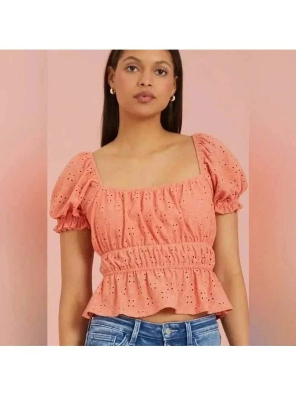 Altar'd State Coral Earla Eyelet Top Large